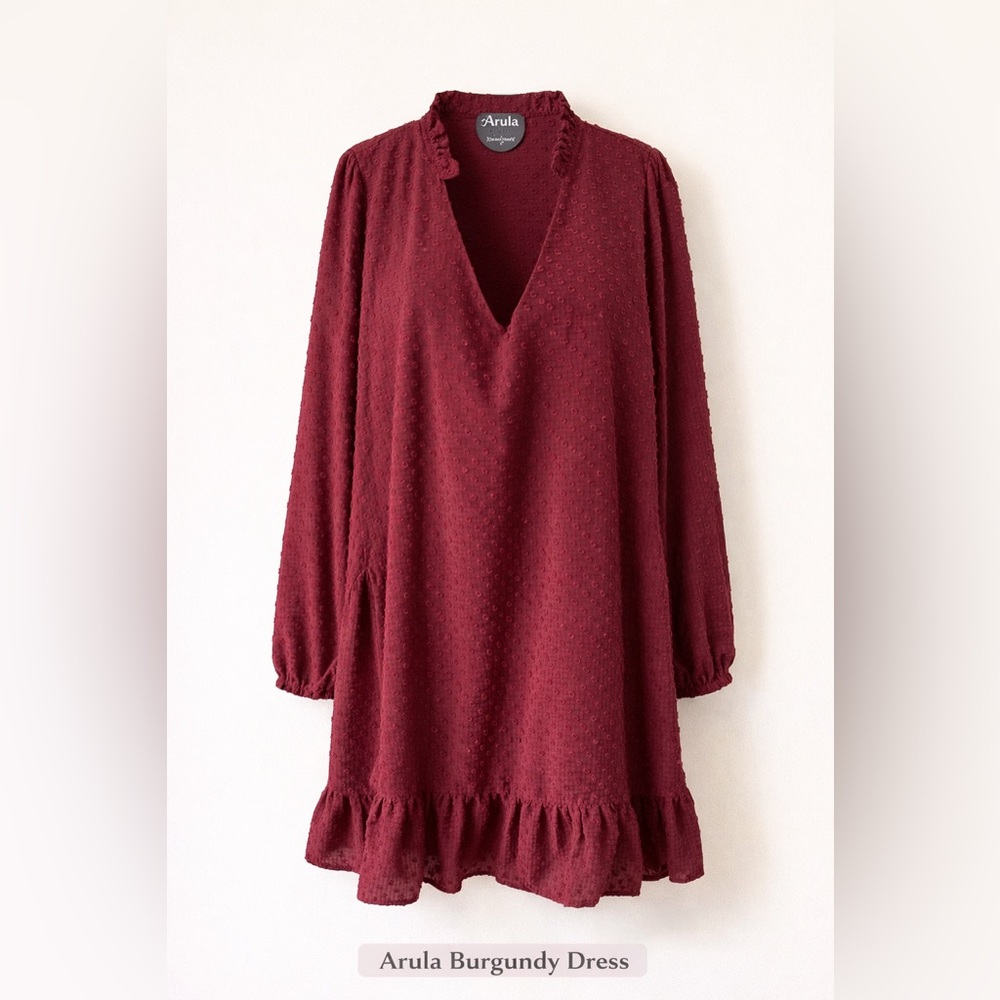Arula Burgundy Swiss Dot Dress Ruffle Hem Boho Long Sleeve Size C
